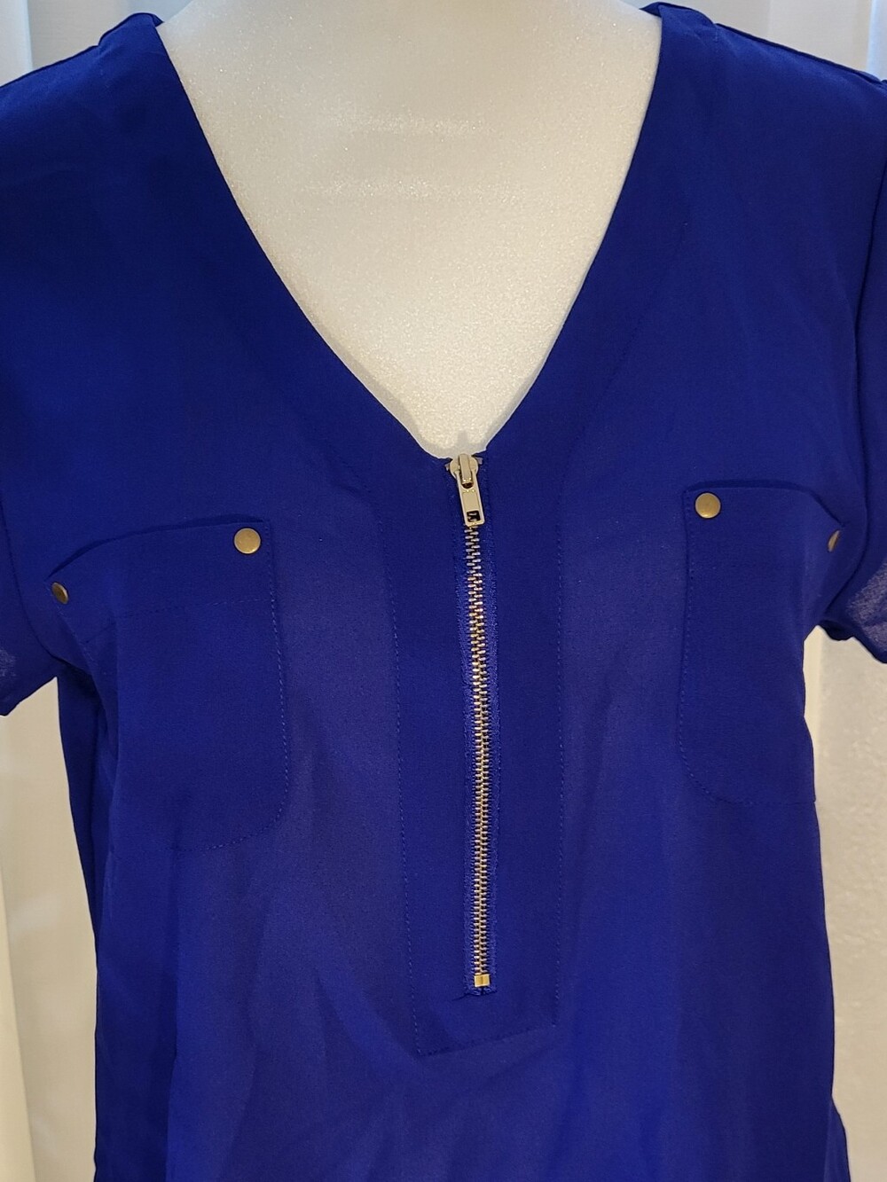 Women's Cobalt Blue V-Neck Zip Pocket Blouse